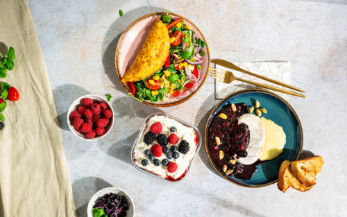 Rezeptideen mediterranes Omelett, Ofen-Camembert  und Knusper-Mascarpone-Dessert
